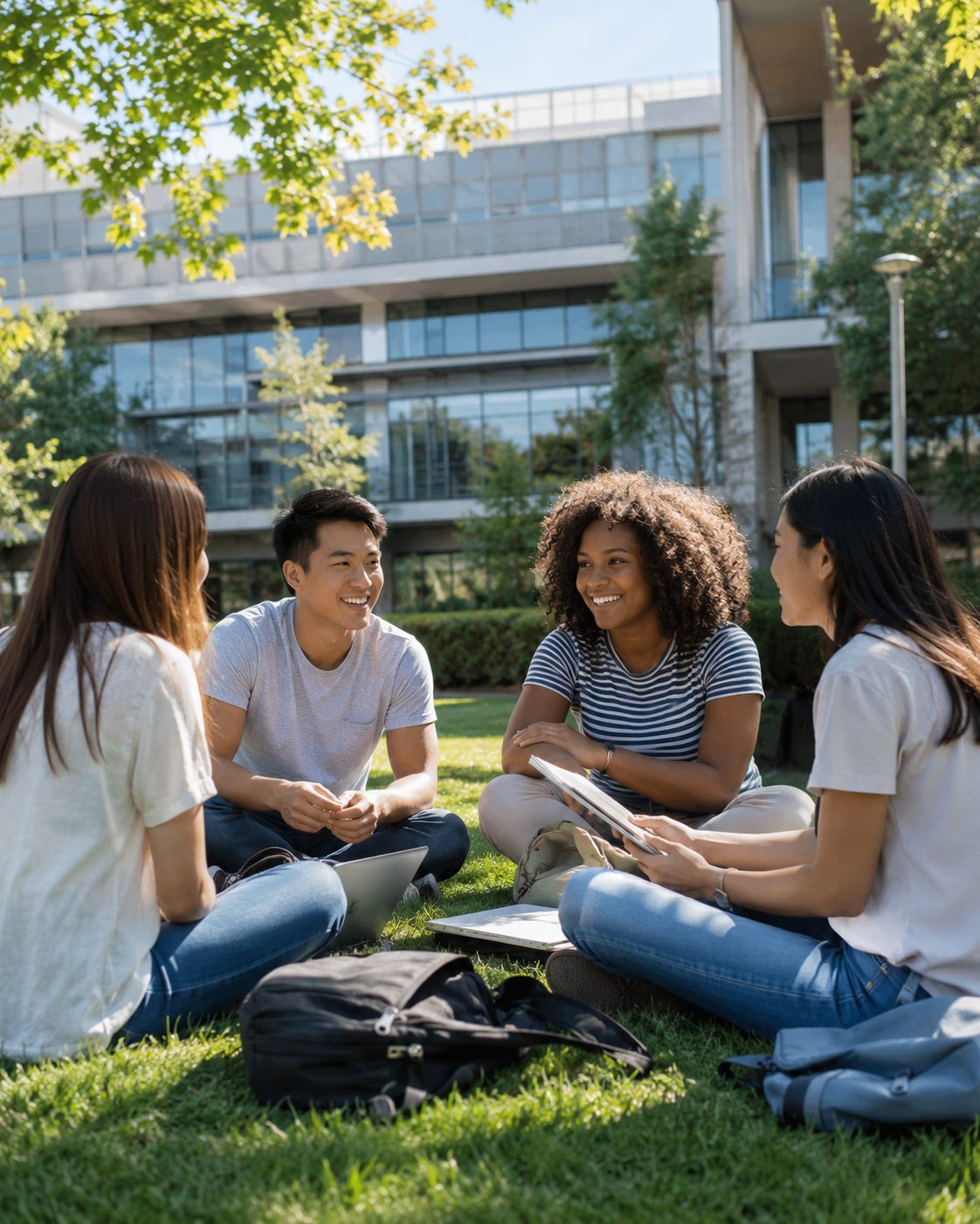 Students relaxing together on a campus lawn