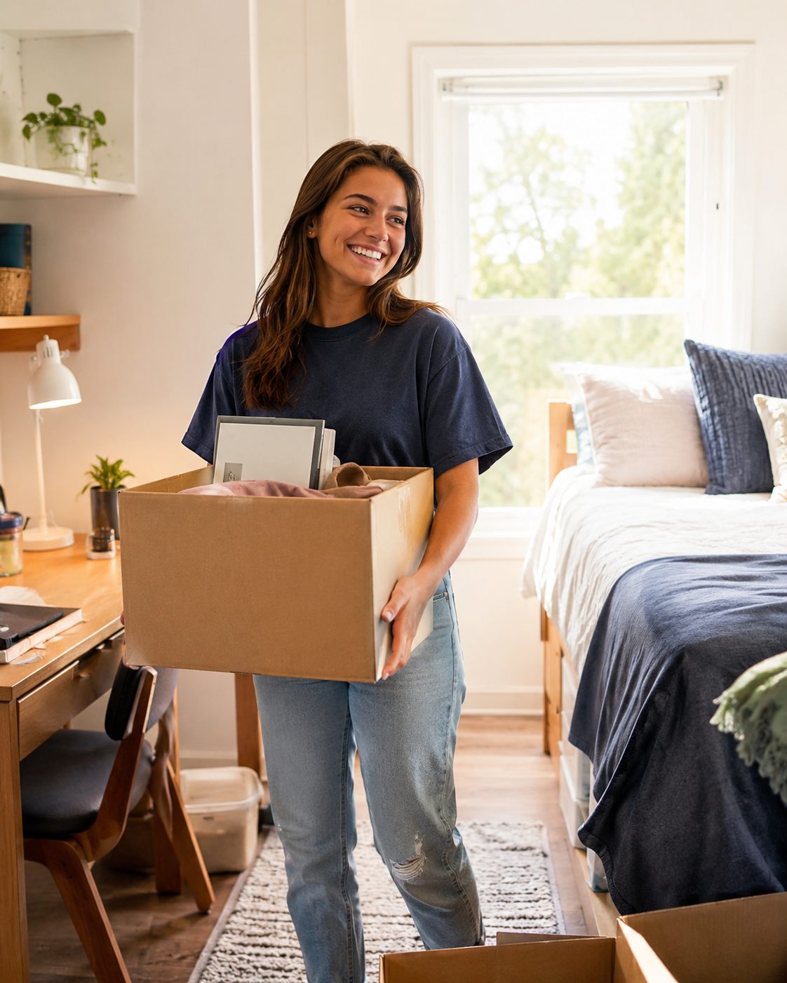Student carrying a moving box into a bright first apartment